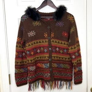 Peruvian Connection Hooded Cardigan Sweater Fur Trim Hood Alpaca Brown Size S